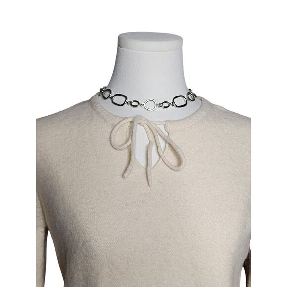 Vtg Bass & Co Lambswool Off White Cream Beaded Flower Long Sleeve Sweater Sz L - Picture 3 of 9